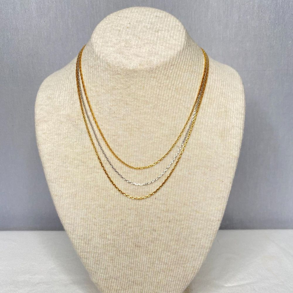 💎Avon Triple Strand Layered Necklace Silver Gold & Rose Tone Rectangular Chains